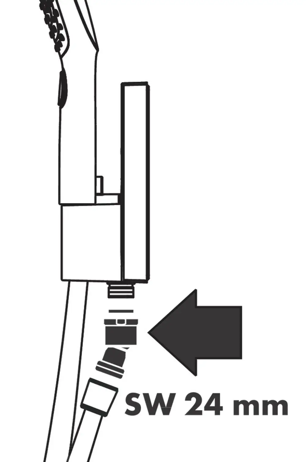 Illustration eines Schlauchanschlusses mit einem HG Kugelgelenk. Die Darstellung zeigt eine Verbindung mit einem SW 24 mm Gewinde.